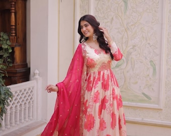 Bollywood Style Anarkali Gown, Russian Silk Embroidered Dress, Indian Wedding Outfit