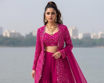 Embroidered Georgette Sharara Set with Jacket, Mirror Work Festive Outfit