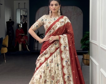 Tasar Silk Lehenga Set, Foil Print, Indian Wedding Outfit, Festive Party Wear