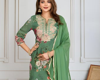 Green Floral Embroidered Salwar Kameez Set with Dupatta, Indian Kurta Set for Women, Wedding Festive Ethnic Wear