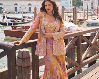 Embroidered Chinon Silk Gharara Set with Shrug, Bollywood Party Wear Outfit