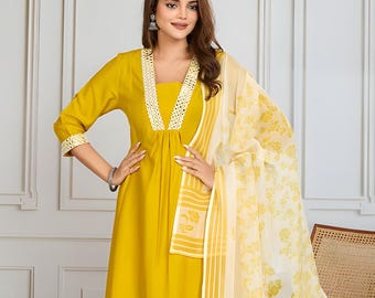 Yellow Embroidered Anarkali Kurta Set with Dupatta, Chinon Salwar Kameez, Women’s Indian Ethnic Festive Wedding Wear