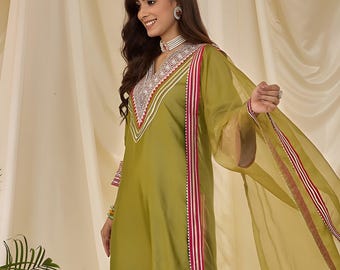 Olive Green Chanderi Silk Kurta Set for Women with Dupatta, Sequin Salwar Kameez, Indian Ethnic Wedding Outfit