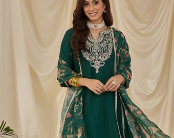 Floral Yoke Design Thread Work Straight Kurta With Trousers & Dupatta