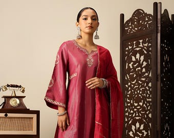 Pink Yoke Design Kurta Set with Trousers & Dupatta | Viscose Rayon Embroidered Women's Ethnic Wear