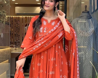 Floral Embroidered Straight Kurta Set for Women | Flared Sleeves Indian Ethnic Wear | Kurta With Trouser