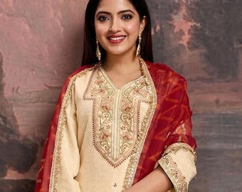 Floral Embroidered V-Neck Straight Kurta With Trousers & Dupatta