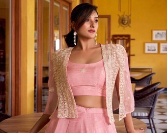 Sequin Embroidered Lehenga Choli with Koti Set, Festive Indian Wedding Outfit