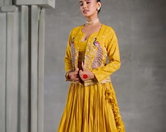 Embroidered Chinon Lehenga Set with Crop Top and Jacket, Indian Wedding Outfit