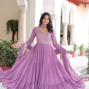 fitted lace wedding dress Onion Color Vichitra Shimmer Sequence Embroidered Gown – TANHAI main image 0