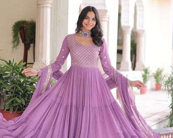 Faux Georgette Embroidered Gown with Dupatta | Sequins & Zari Party, Wedding and Festive Wear Sky and Onion Colors