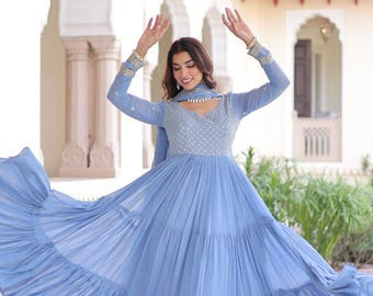 Faux Georgette Embroidered Gown with Dupatta | Sequins & Zari Party, Wedding and Festive Wear Sky and Onion Colors