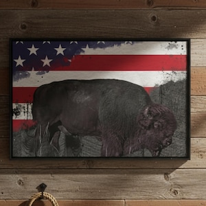 アメリカ国旗を掲げたアメリカンバッファロー、48 x 32 インチの額入りキャンバス。