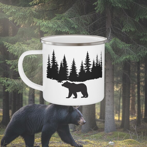 Bear Silhouette Enamel Camping Mug - 12oz Mountain Scene Coffee Cup - Rustic Cabin Decor - American Faith Co.