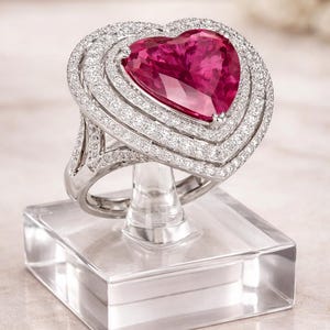 Pierścionek ślubny i zaręczynowy z naturalnym rubinem i diamentem o masie 3,20 ct, wykonany z 14-karatowego białego złota, w kształcie serca, 8