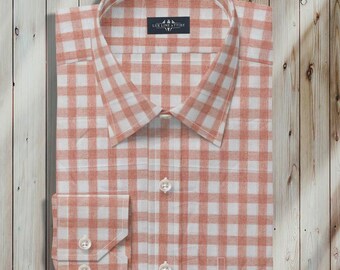 Peach Check Dress Shirt Mens Long Sleeve | Formal Office Wear | Classic Collar Style | Cotton