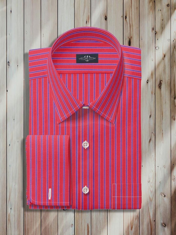 mens red french cuff dress shirt French Cuff Red Blue Stripe Dress Shirt for Men | Custom Made