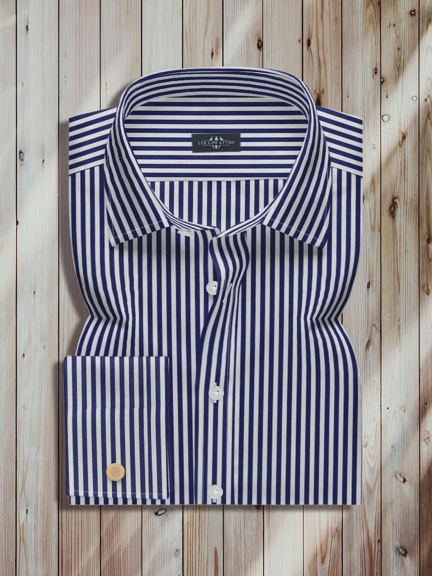 blue striped dress shirt white collar Extreme Cutaway Collar Big Blue Stripes Shirt French Cuff 37 / US 14 main image 1