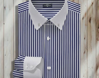 Blue Stripe Pin Collar Dress Shirt | Custom Tailored Fit | Men Formal Office Wear | Handmade
