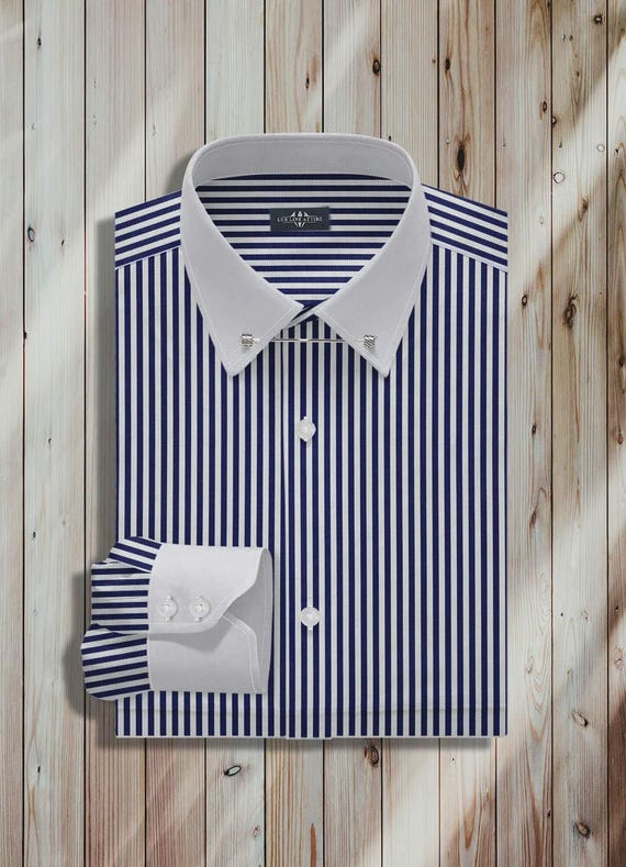 Blue Stripe Pin Collar Dress Shirt | Custom Tailored Fit | Men Formal Office Wear | Handmade Blue Stripe Pin Collar Dress Shirt | Custom Tailored Fit | Men Formal Office Wear | Handmade