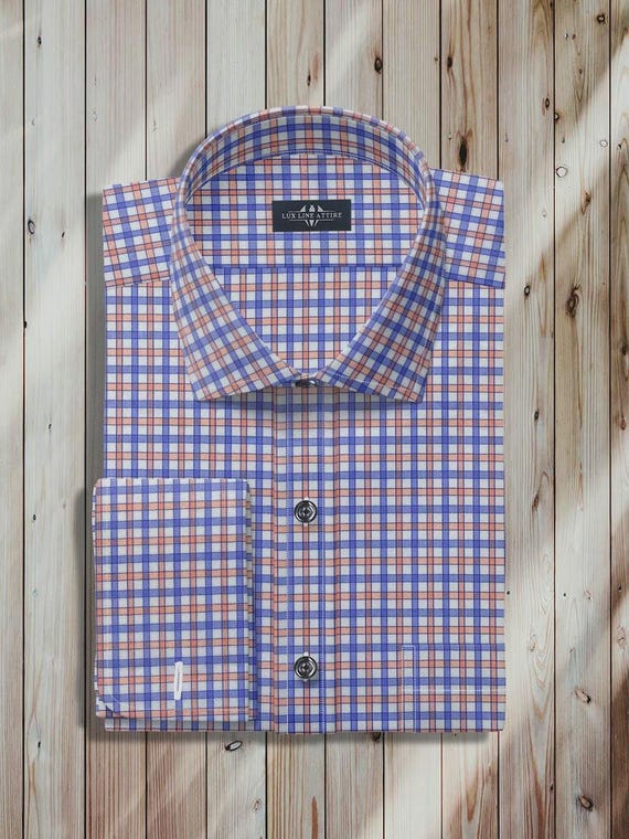 Blue Peach Check Dress Shirt | Custom Tailored Mens Shirt | Formal Office Wear