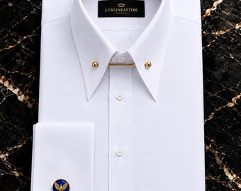 Men's White Egyptian Cotton Pin Collar French Cuff Dress Shirt