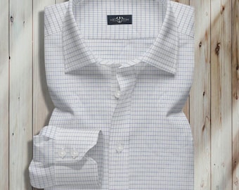 Light Blue Twill Gingham Dress Shirt | Custom Order | Tailored Men Formal Wear | Office Style