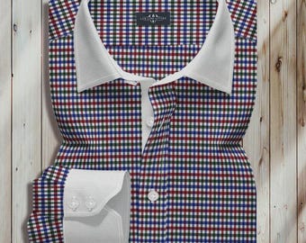 Men’s Multicolor Check Shirt | White Collar & Cuffs | Custom Tailored Dress Fit