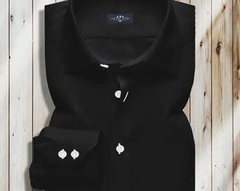 Black Giza Cotton Dress Shirt for Men | Medium Collar | Rounded Cuffs | Wrinkle Resistant Fabric