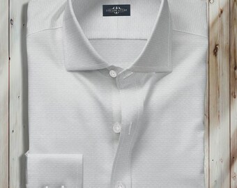 Self White Dress Shirt Textured Fabric | Custom Tailored Fit | Men Formal Office Wear | Handmade
