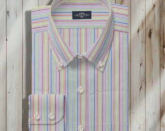 Camisa de vestir a rayas multicolor para hombre, cuello abotonado, ropa formal de oficina, ropa informal de algodón