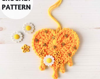 Crochet Honey Heart Ornament Pattern, Bee Lover Gift (PDF Download)