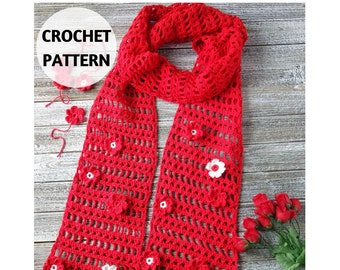 CROCHET PATTERN Lace Floral Scarf Red Women's Scarf