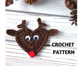 CROCHET PATTERN Reindeer Christmas Ornament Applique, Heart-Shaped Reindeer