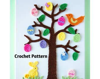 CROCHET PATTERN PACK - Easter Tree, Crochet Wall Art, Home Decor, Applique, Crochet Tree, Wall Hanging