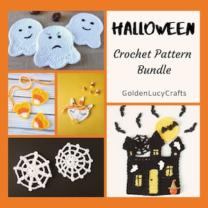 May include: A crochet pattern bundle for Halloween featuring a ghost, candy corn, unicorn, spiderweb, and a haunted house. The text "HALLOWEEN Crochet Pattern Bundle GoldenLucyCrafts" is displayed on the image.