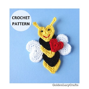 CROCHET PATTERN Bee Applique, Heart Bee, Motif, Embellishment, Valentine's Day image 1