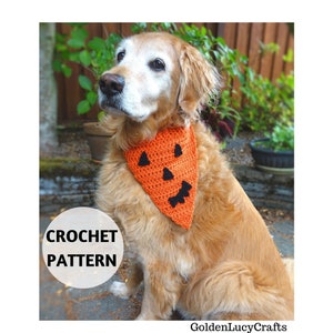 May include: A Golden Retriever wearing an orange crochet bandana with a jack-o'-lantern face. The bandana has black facial features. The image also includes the text "CROCHET PATTERN".