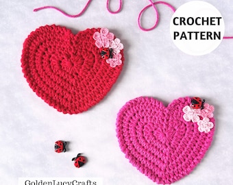 Crochet Pattern Heart Coaster | With Flowers and Ladybug | Mug Rug | Valentine's Day | Handmade Gift | PDF Pattern