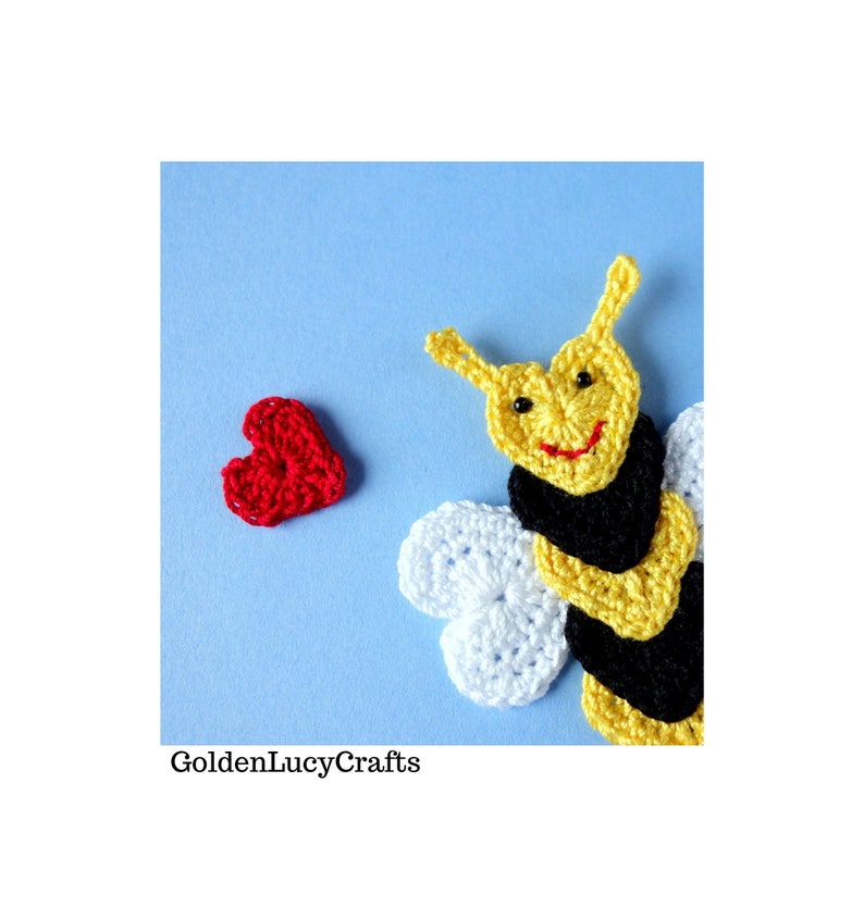 CROCHET PATTERN Bee Applique, Heart Bee, Motif, Embellishment, Valentine's Day image 2