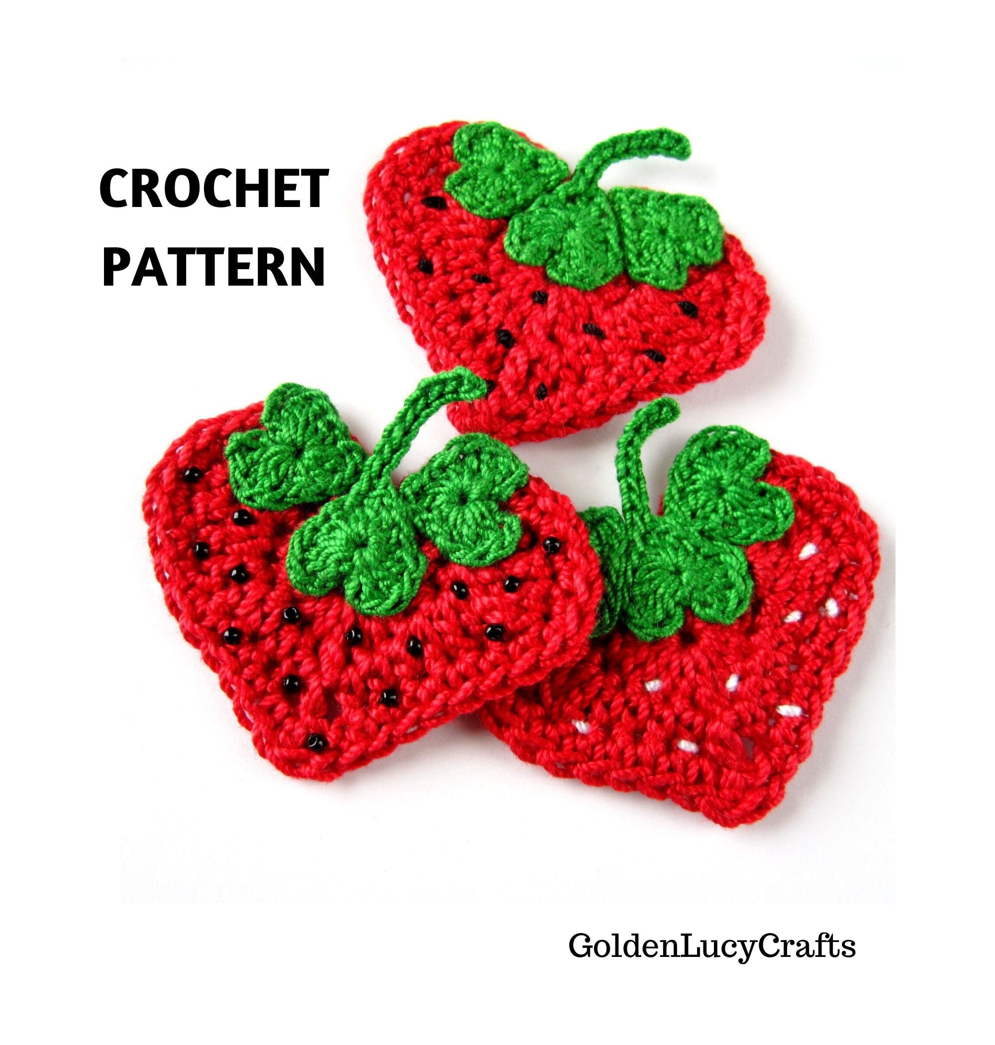 Crochet Heart Strawberry Applique Pattern, Strawberry Garland (PDF
