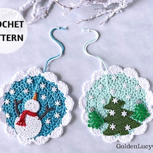 CROCHET PATTERN Winter Christmas Ornament, Snowman Catching Snowflakes, Christmas Tree