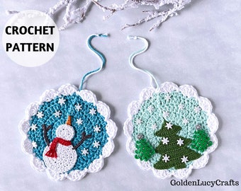 CROCHET PATTERN Winter Christmas Ornament, Snowman Catching Snowflakes, Christmas Tree