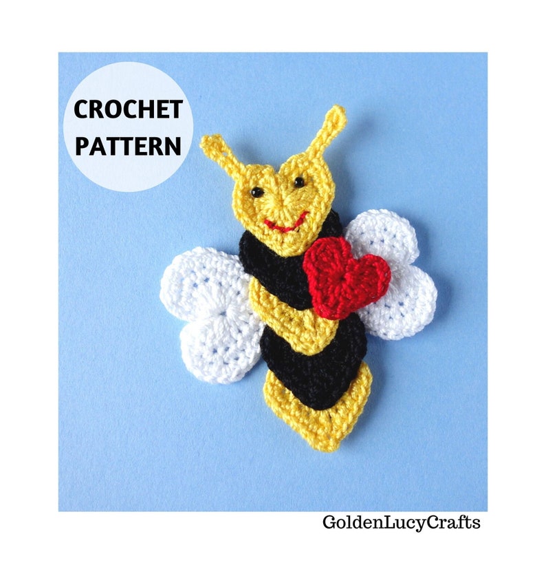 CROCHET PATTERN Bee Applique, Heart Bee, Motif, Embellishment, Valentine's Day image 1