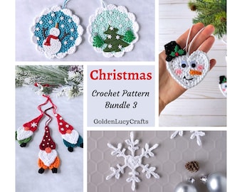May include: A collection of crochet ornaments including circular snowman and tree motifs, a heart-shaped snowman with a black hat, three gnome ornaments, and a white snowflake. Text reads: Christmas Crochet Pattern Bundle 3 GoldenLucyCrafts.