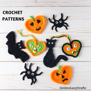 May include: Crochet patterns for Halloween decorations, including a bat, spider, black cat, and pumpkin-shaped hearts. The patterns are available for purchase on Etsy.