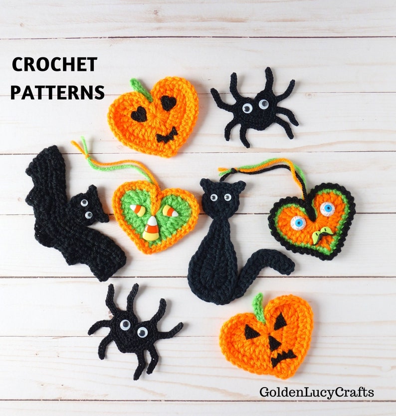 May include: Crochet patterns for Halloween decorations, including a bat, spider, black cat, and pumpkin-shaped hearts. The patterns are available for purchase on Etsy.