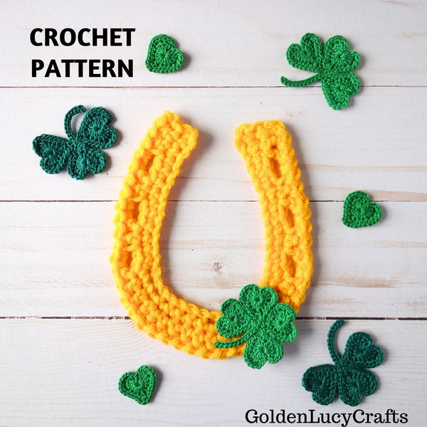 CROCHET PATTERN Horseshoe Applique, Shamrock, Lucky Clover, Crochet Motif, Embellishment, St. Patrick's Day