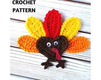 Crochet Pattern Turkey Applique, Heart-Shaped Turkey, Thanksgiving Decoration