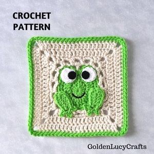 Può includere: Schema a uncinetto per un quadrato di rana verde con occhi bianchi. Il quadrato è circondato da un bordo verde e ha uno sfondo bianco.